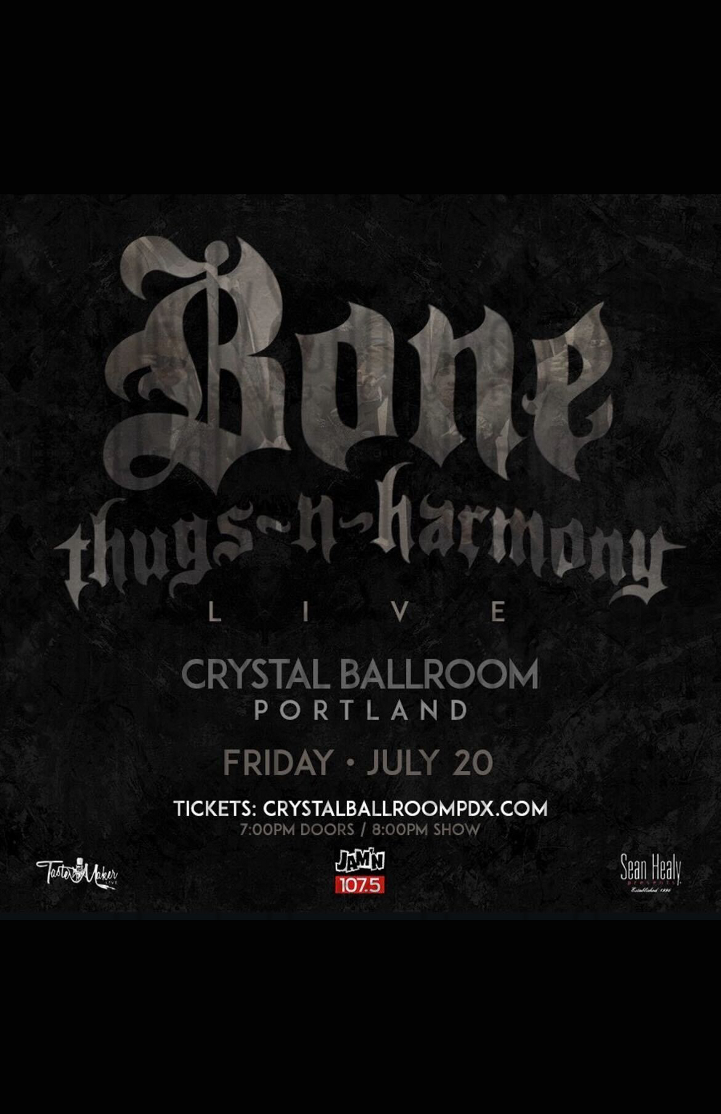 Promotional poster for Bone Thugs-n-Harmony live at Crystal Ballroom Portland with event details.