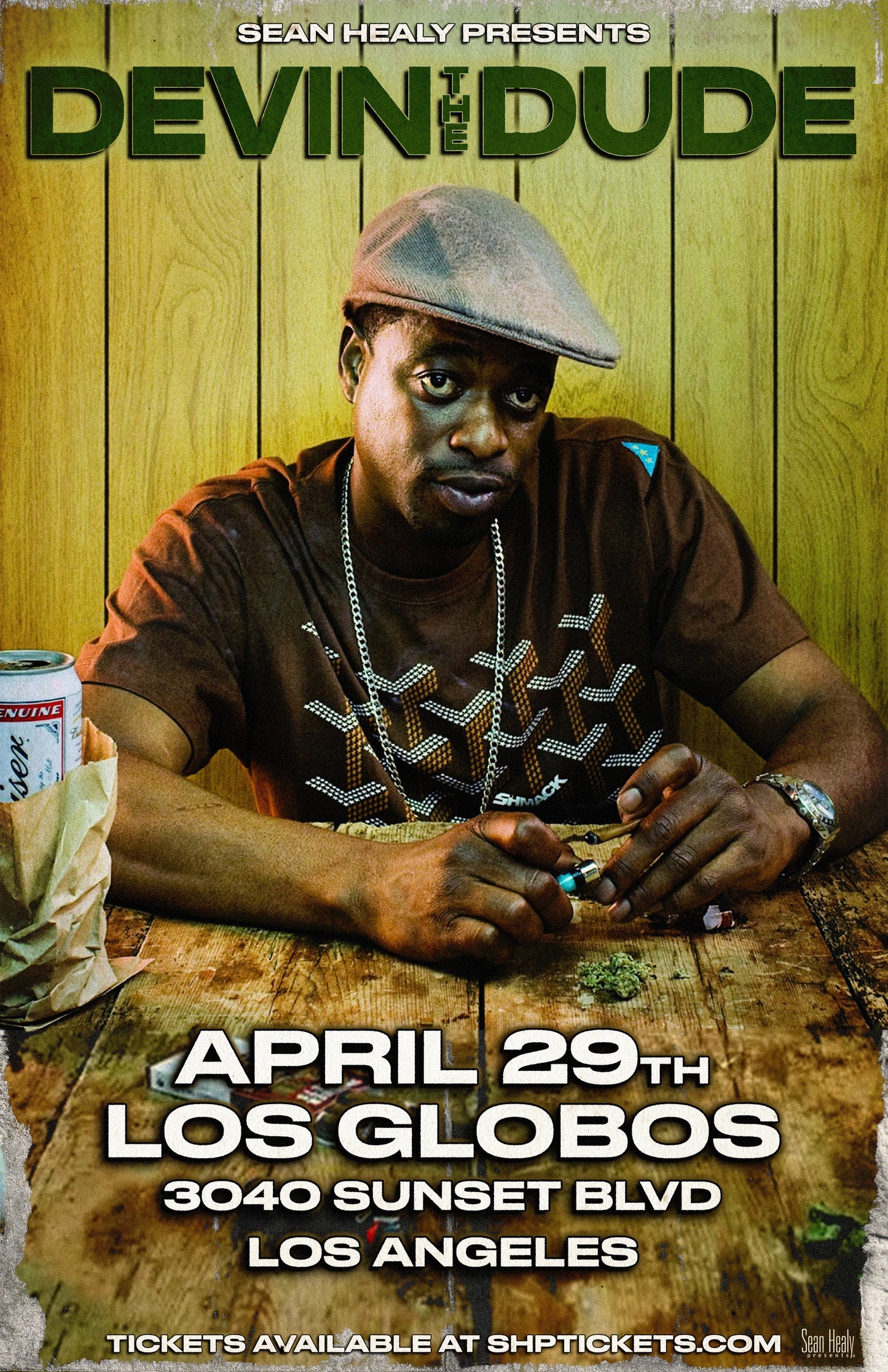 Promotional poster for a event featuring a person sitting at a table with a can of beer, against a wooden panel background.