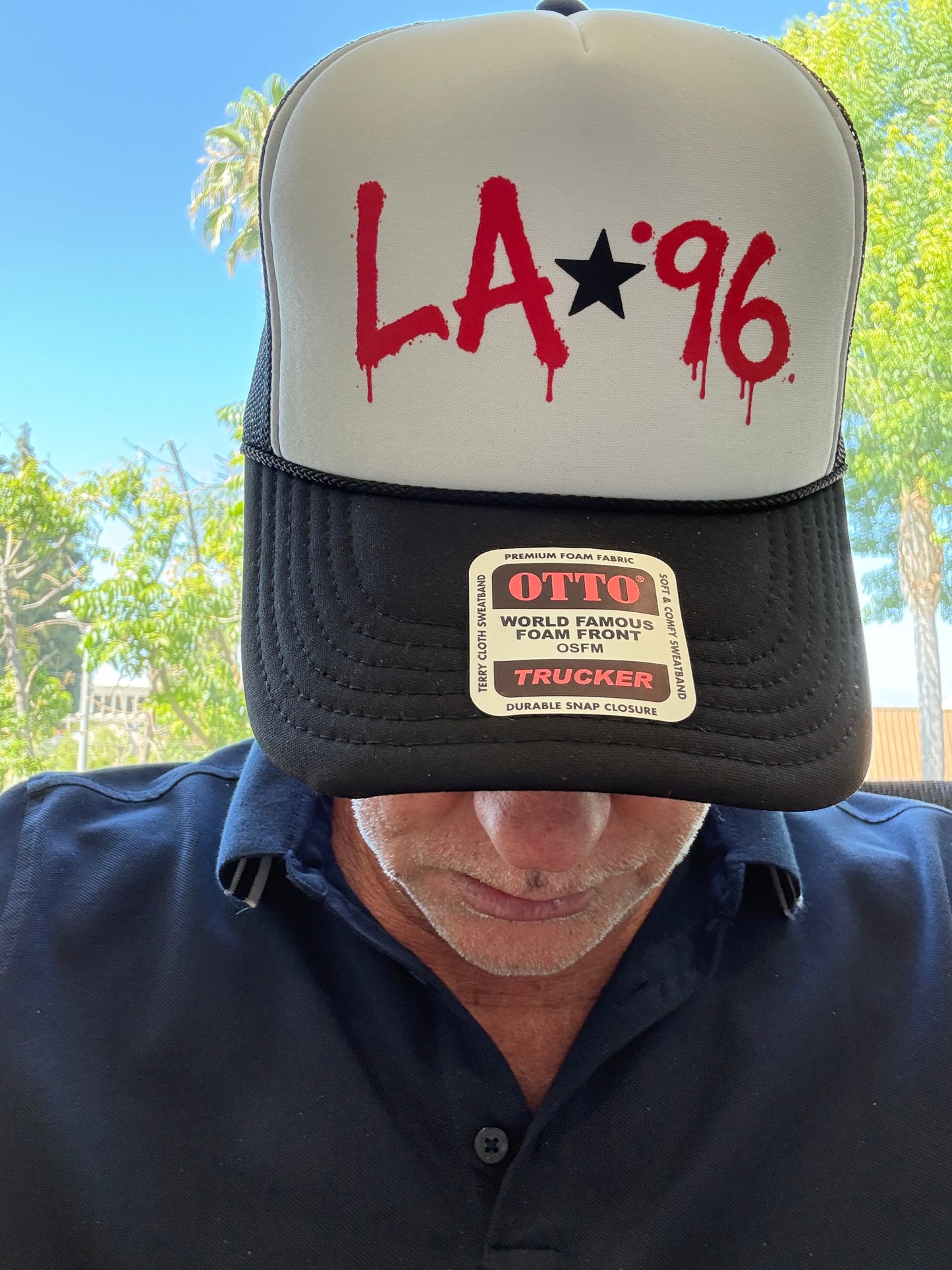 LA 96 black white and Red Trucker hat
