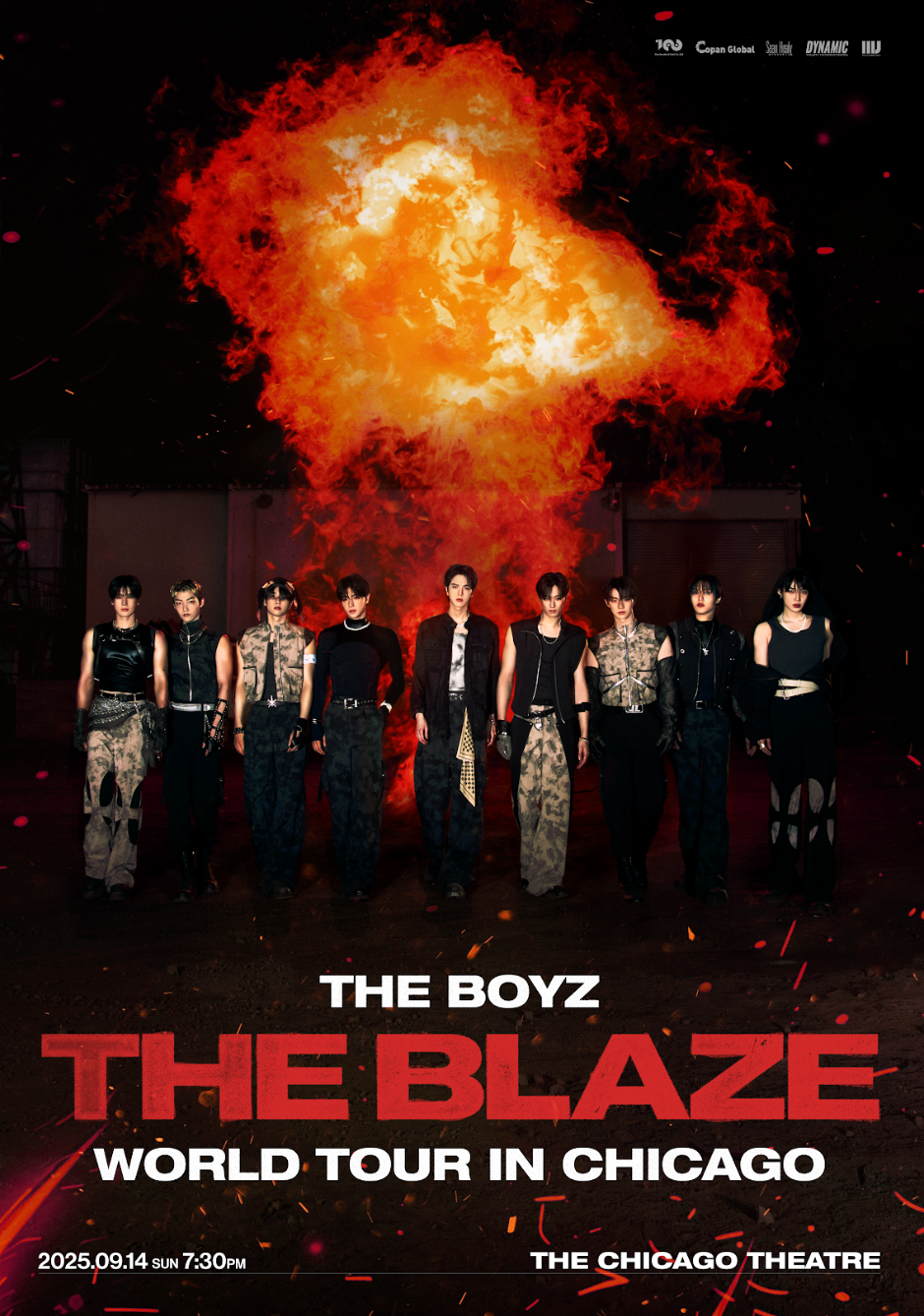 Promotional poster for 'The Blaze' world tour by The Boyz with a fiery background.