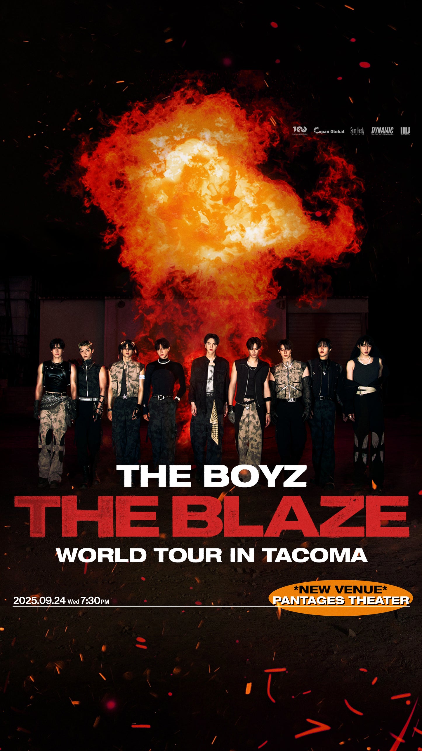 Promotional poster for 'The Boyz' concert tour with a fiery design.