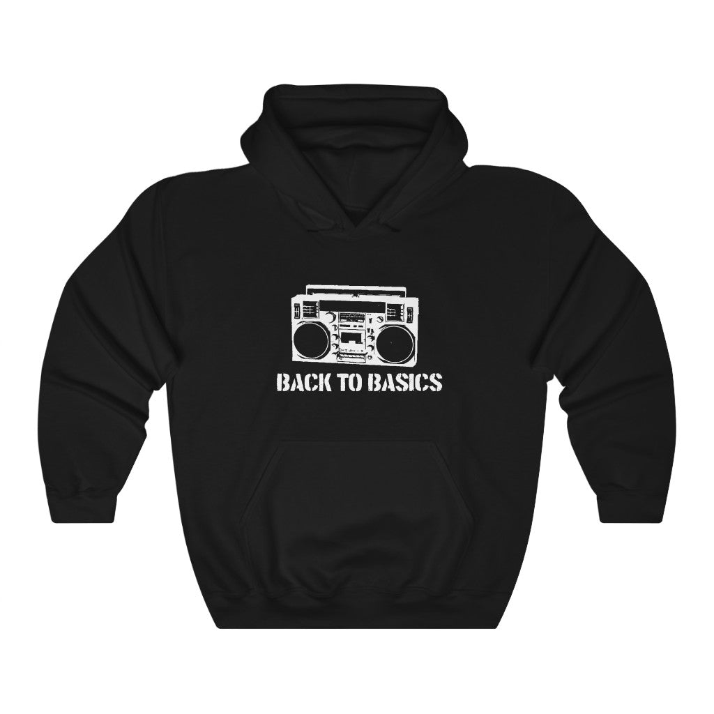 A black unisex hoodie with 'BACK TO BASICS' text and a graphic of a radio on the front.