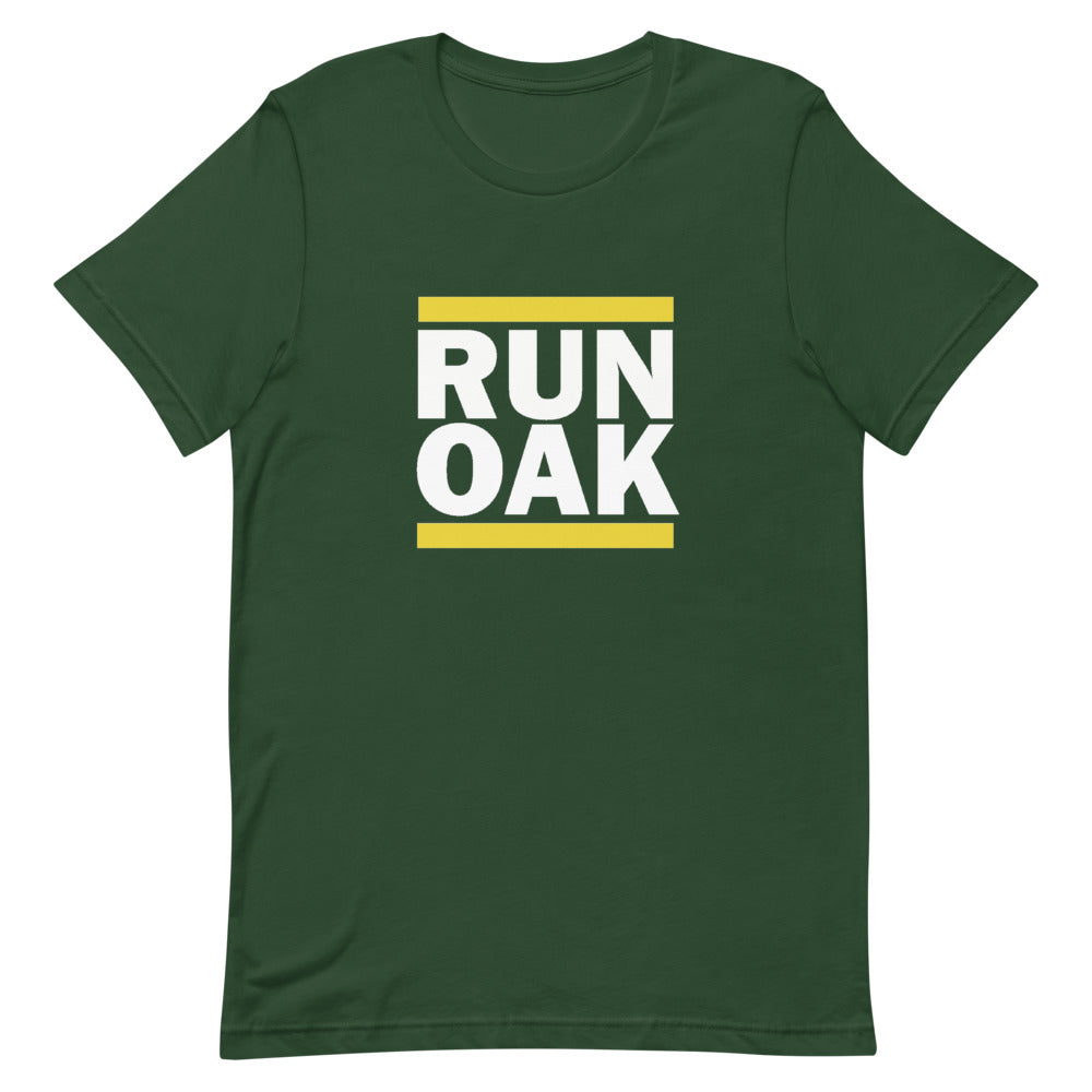 A green t-shirt with the text 'RUN OAK' printed in yellow on the front.