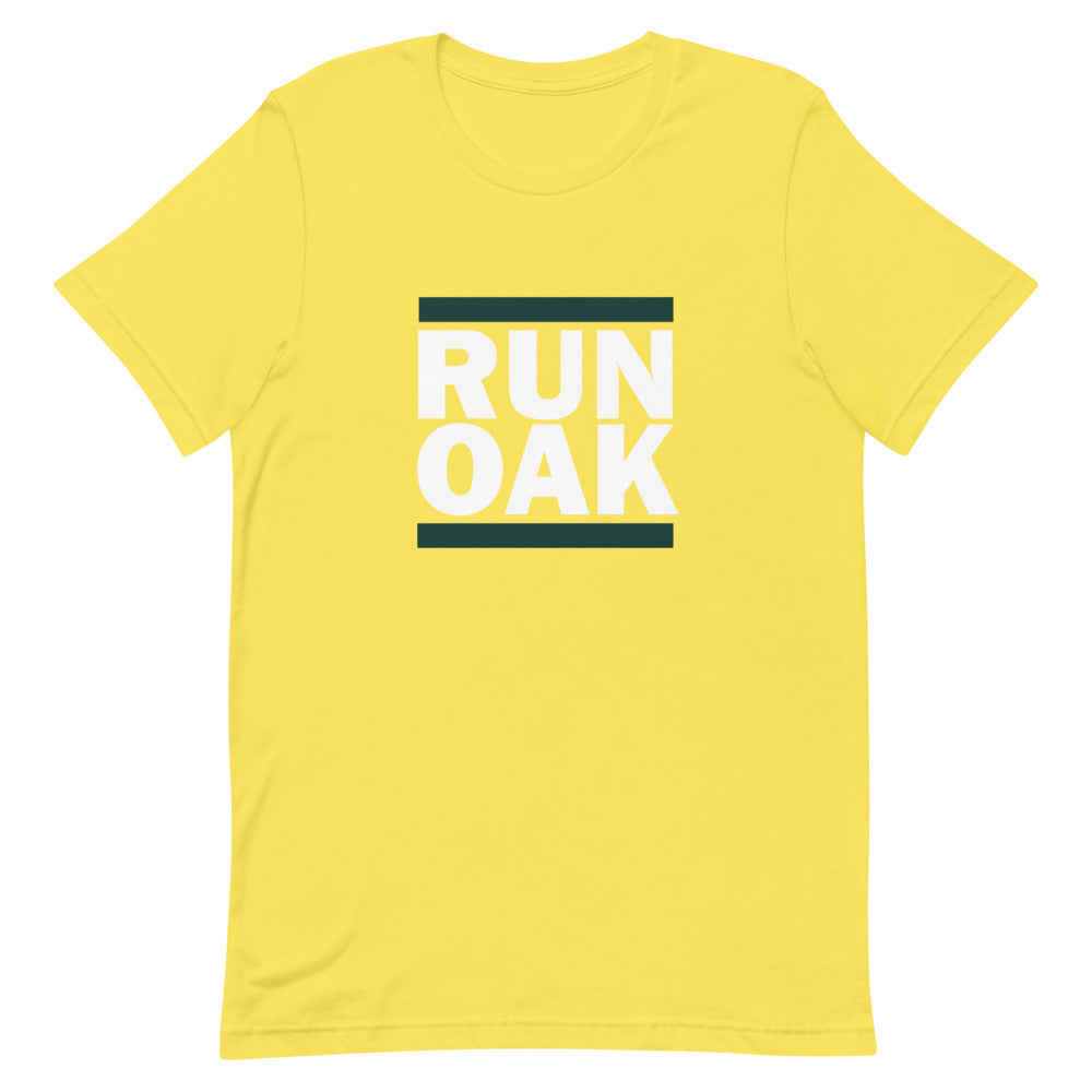 A yellow t-shirt with the text 'RUN OAK' printed in large letters across the chest.