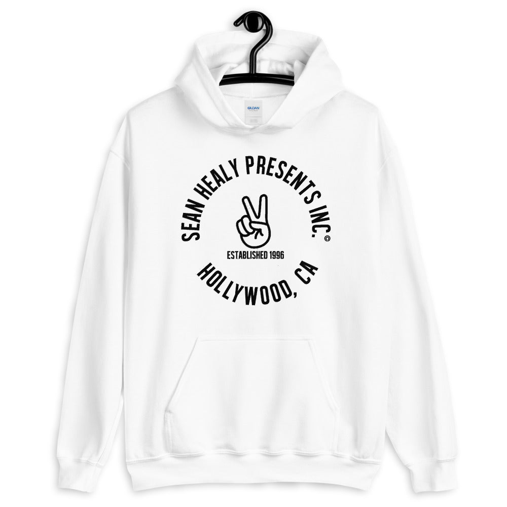 A white hoodie with the black logo 'Sean Healy Presents Inc., Hollywood, CA' on the front.
