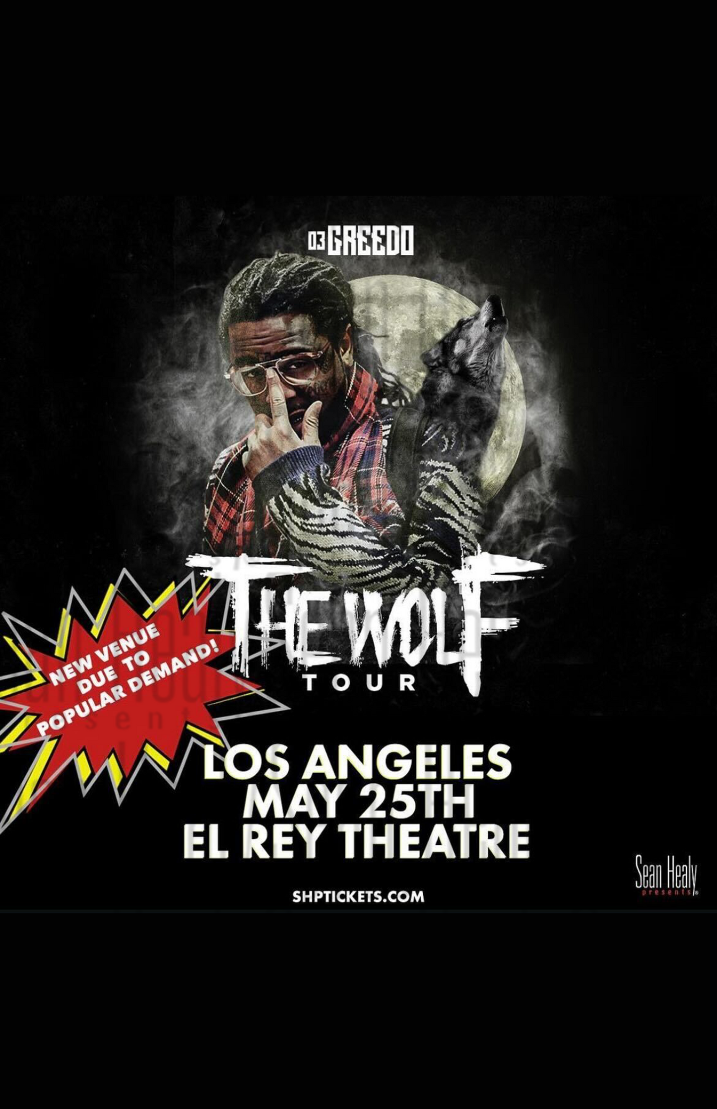 Promotional poster for 'The Wolf Tour' featuring a person with a wolf graphic and event details.