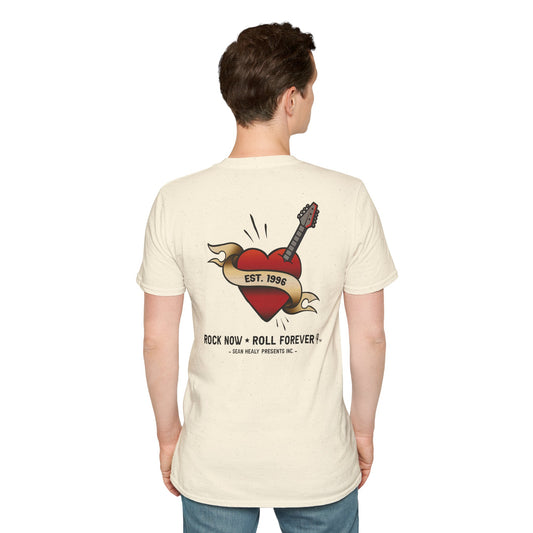 Rock Now Roll Forever™ Unisex T-Shirt [Traditional Tattoo Heart x Guitar]