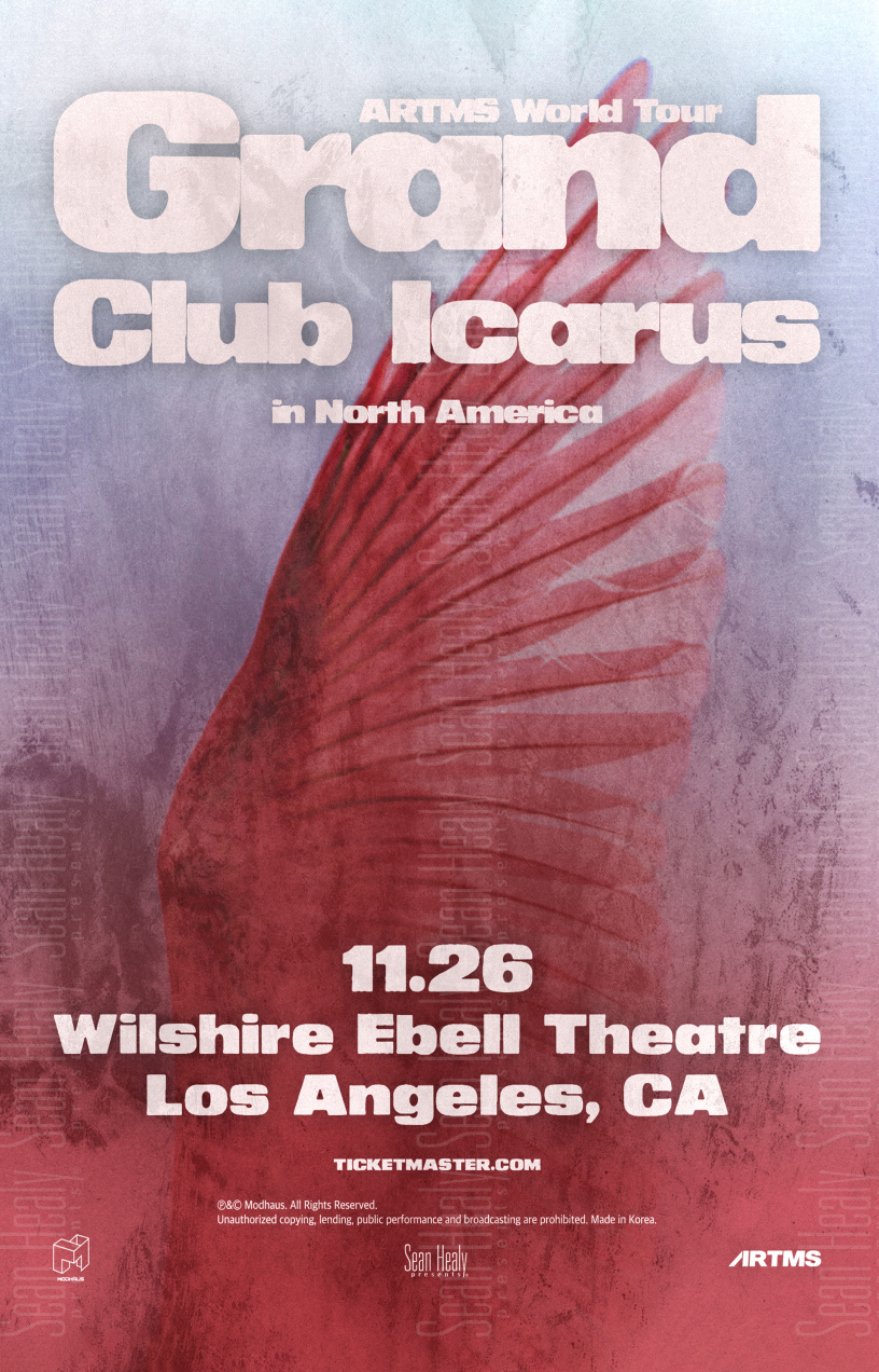 Promotional poster for ARTMS World Tour Grand Club Icarus in North America with a red winged figure.
