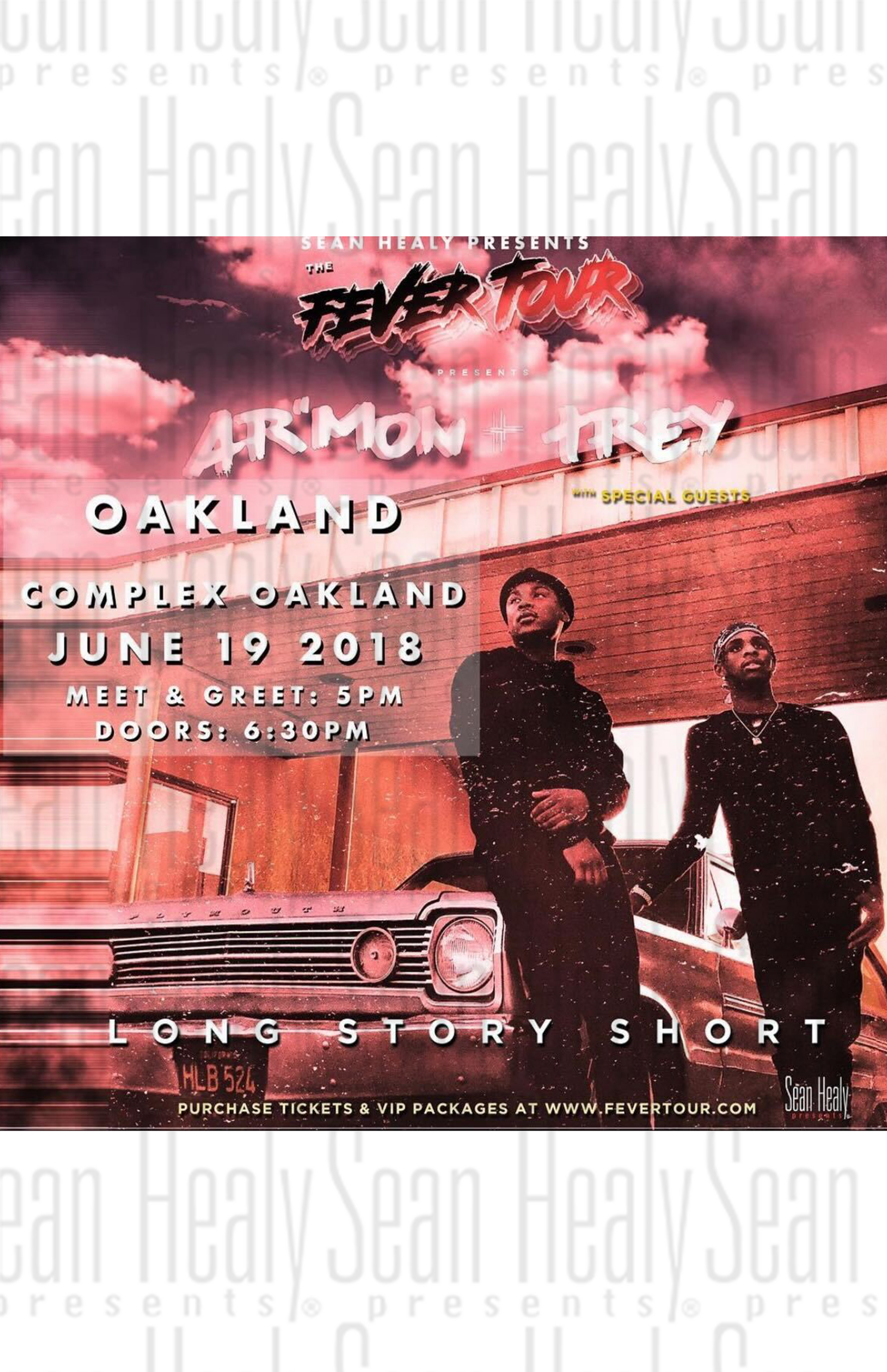 Promotional poster for a concert featuring Armon & Trey and Long Story Short, with event details on a white background.