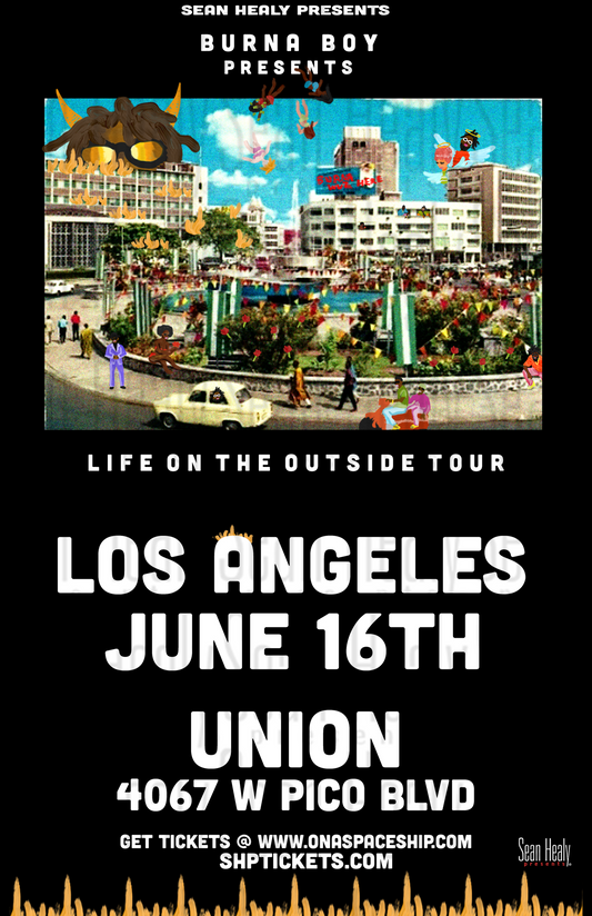 Promotional poster for a music event featuring a cityscape and text about a tour in Los Angeles.