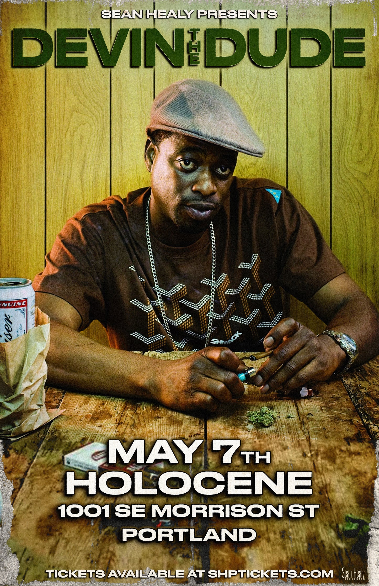 Promotional poster for an event featuring a person sitting at a table with a can of beer, against a wooden background.