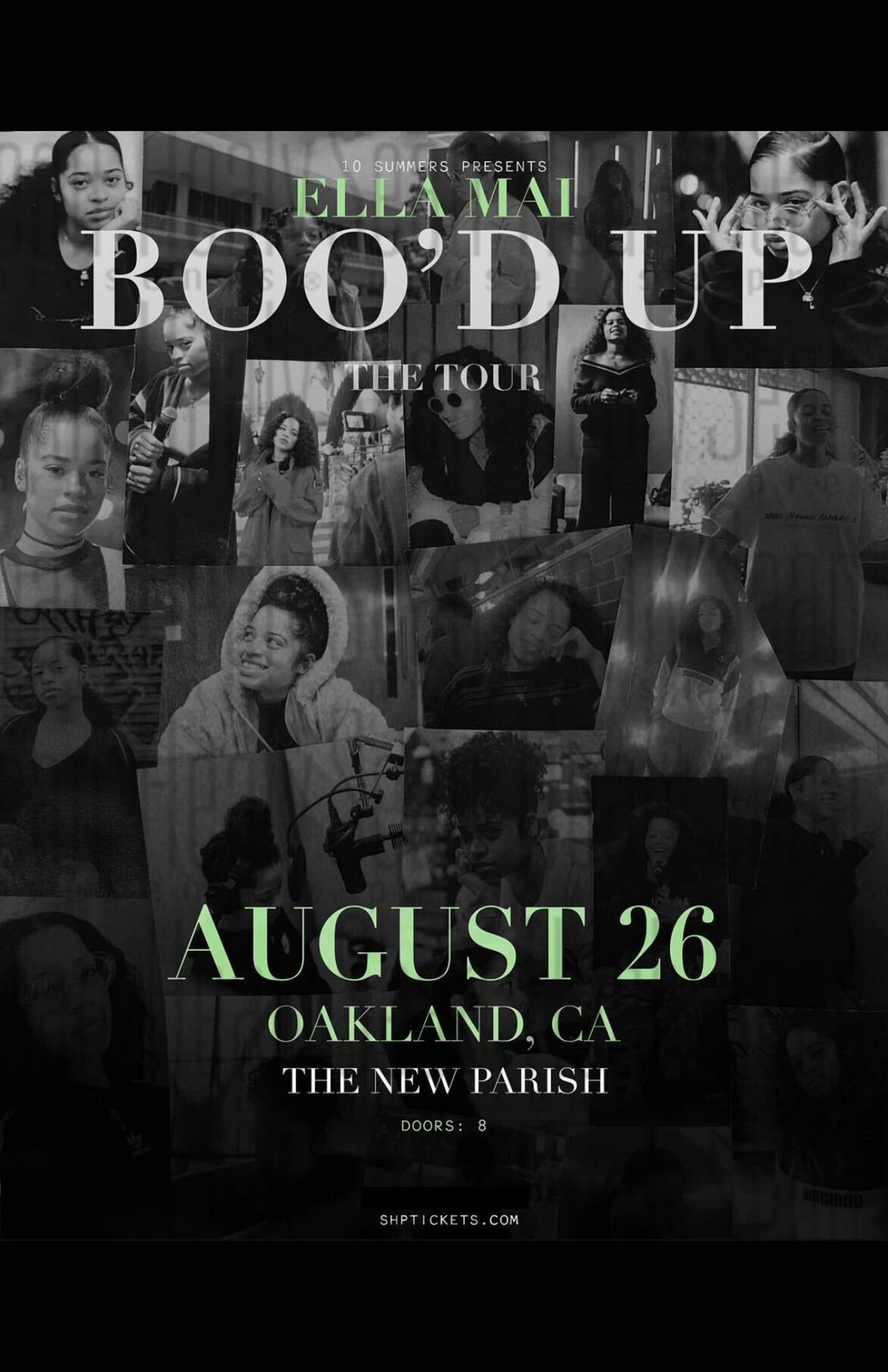Promotional poster for Ella Mai's 'Boo'd Up' tour with event details.
