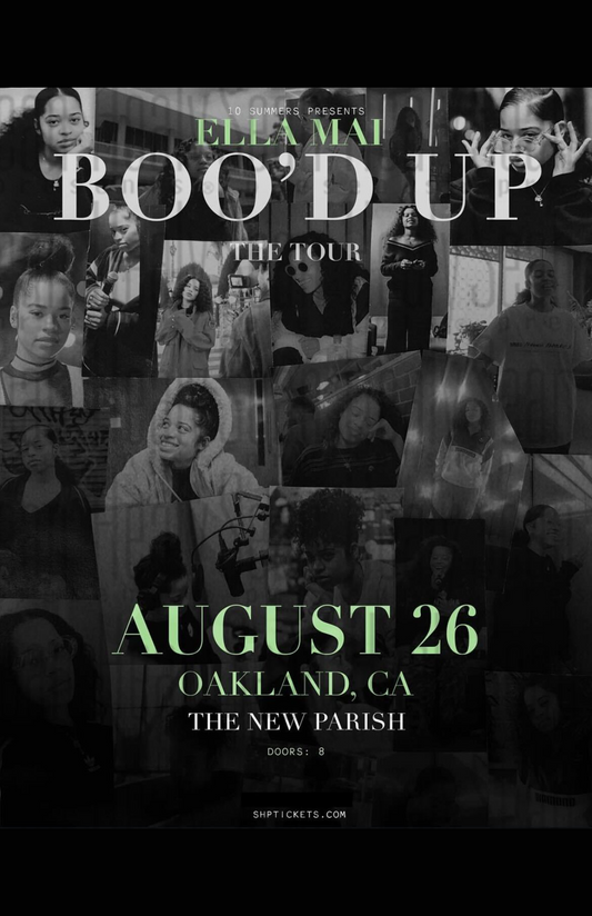 Promotional poster for Ella Mai's 'Boo'd Up' tour with event details.