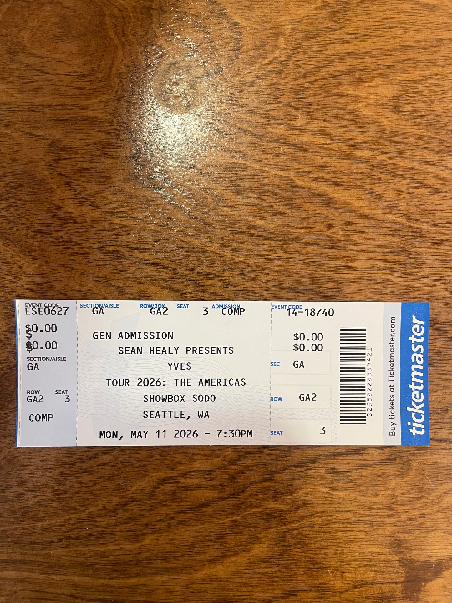 Yves at Showbox SODO in Seattle - Commemorative Concert Ticket Stubs  (May 11. 2026)