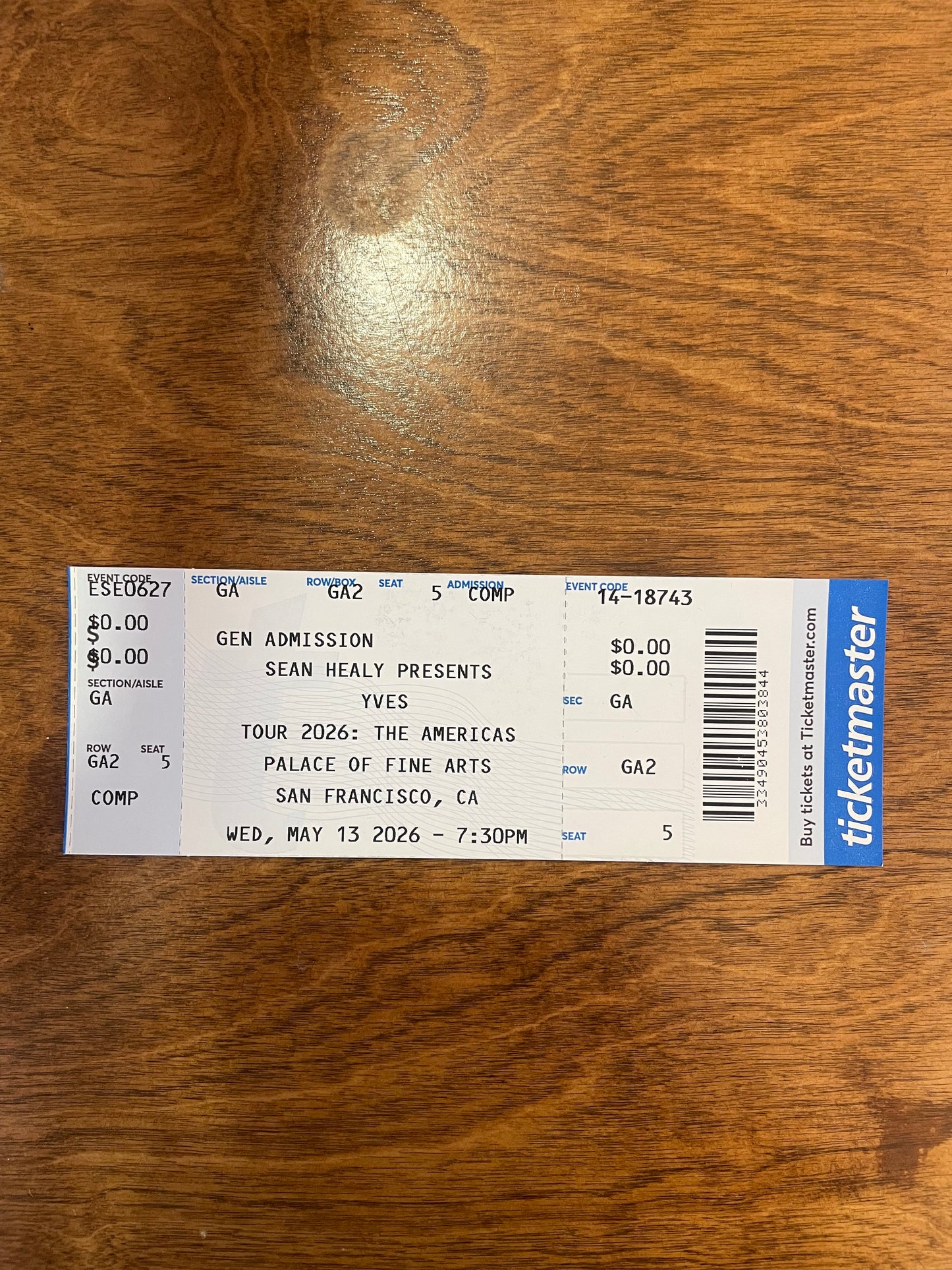 Yves at Palace of Fine Arts in San Francisco - Commemorative Concert Ticket Stubs  (May 13. 2026)