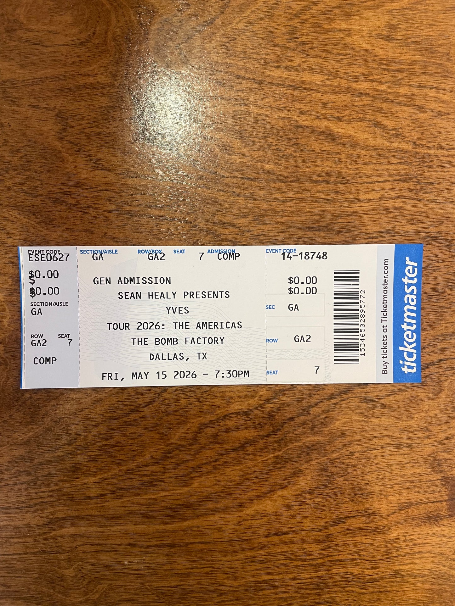 Yves at The Bomb Factory in Dallas - Commemorative Concert Ticket Stubs  (May 15. 2026)
