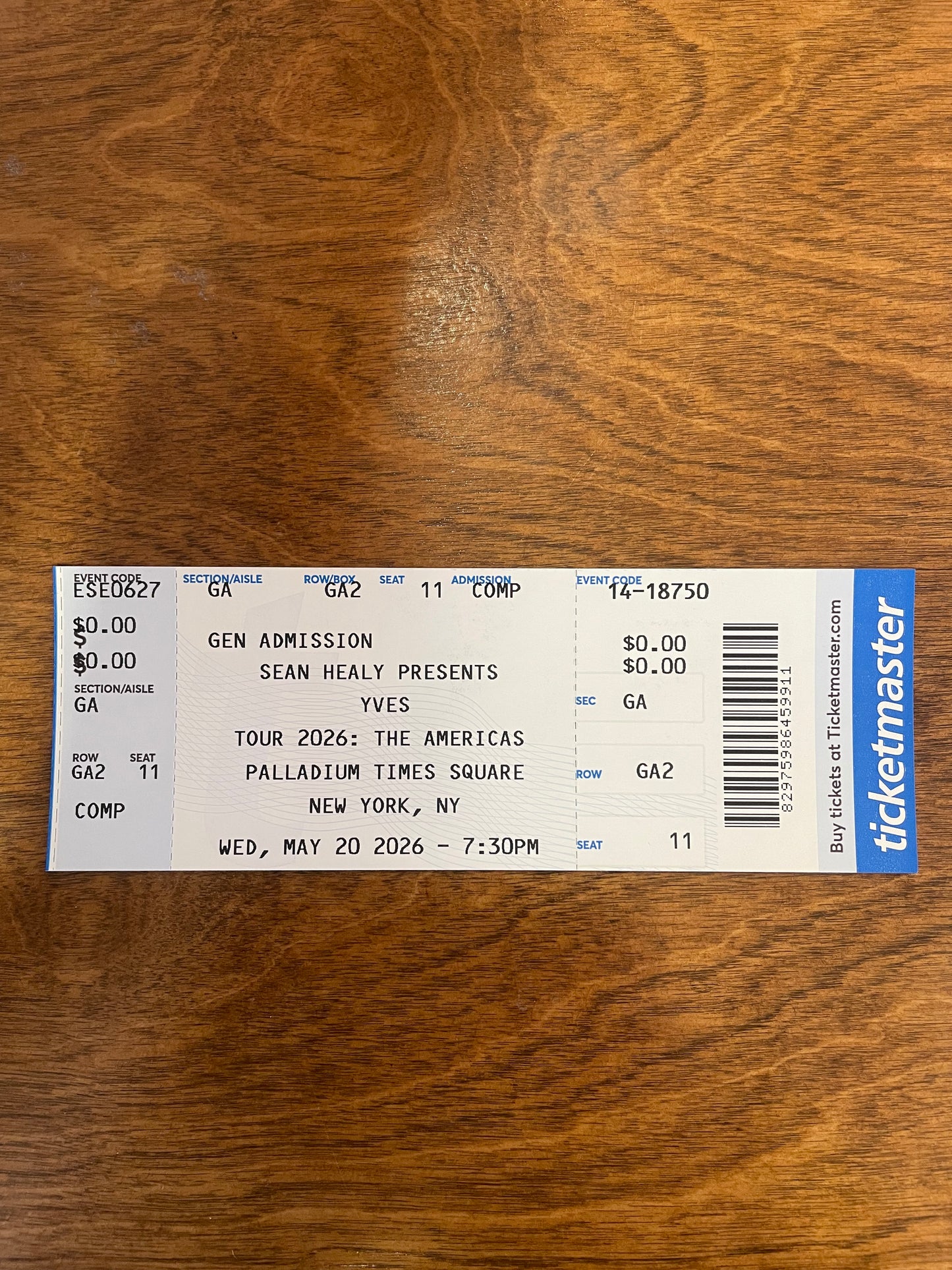 Yves at Palladium Times Square in New York - Commemorative Concert Ticket Stubs (May 20. 2026)