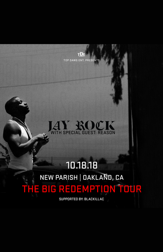 Promotional poster for Jay Rock's 'The Big Redemption Tour' with event details.