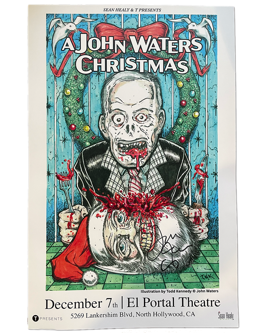 Poster for John Waters' Christmas event at El Portal Theatre with a graphic illustration of a character.