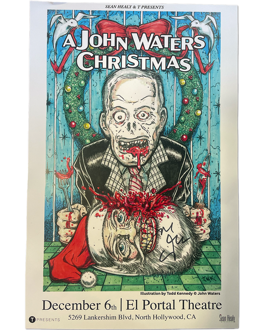Poster for 'A John Waters Christmas' event at El Portal Theatre with a stylized illustration of a character.