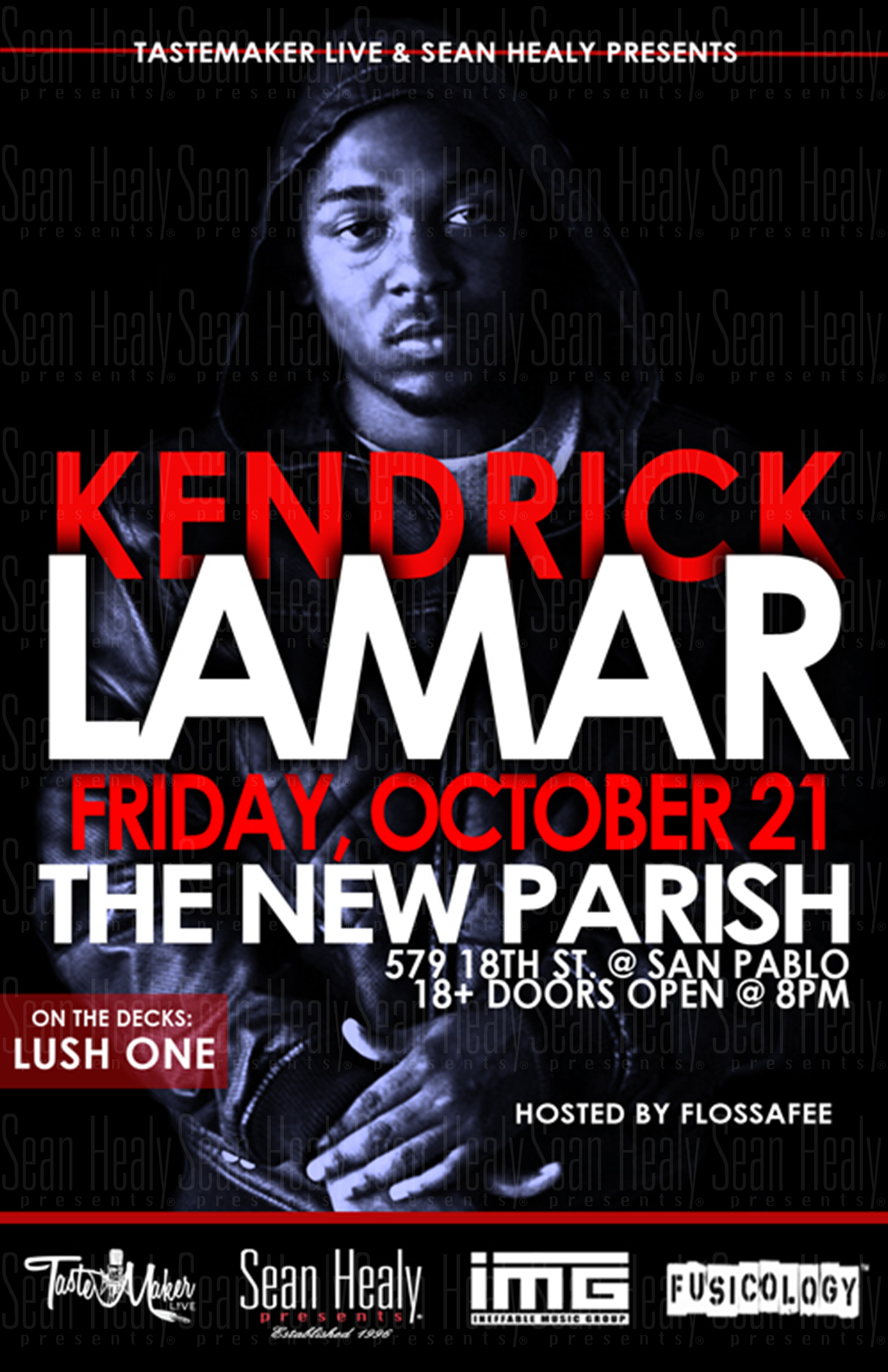 Promotional poster for Kendrick Lamar event at The New Parish with text and branding.