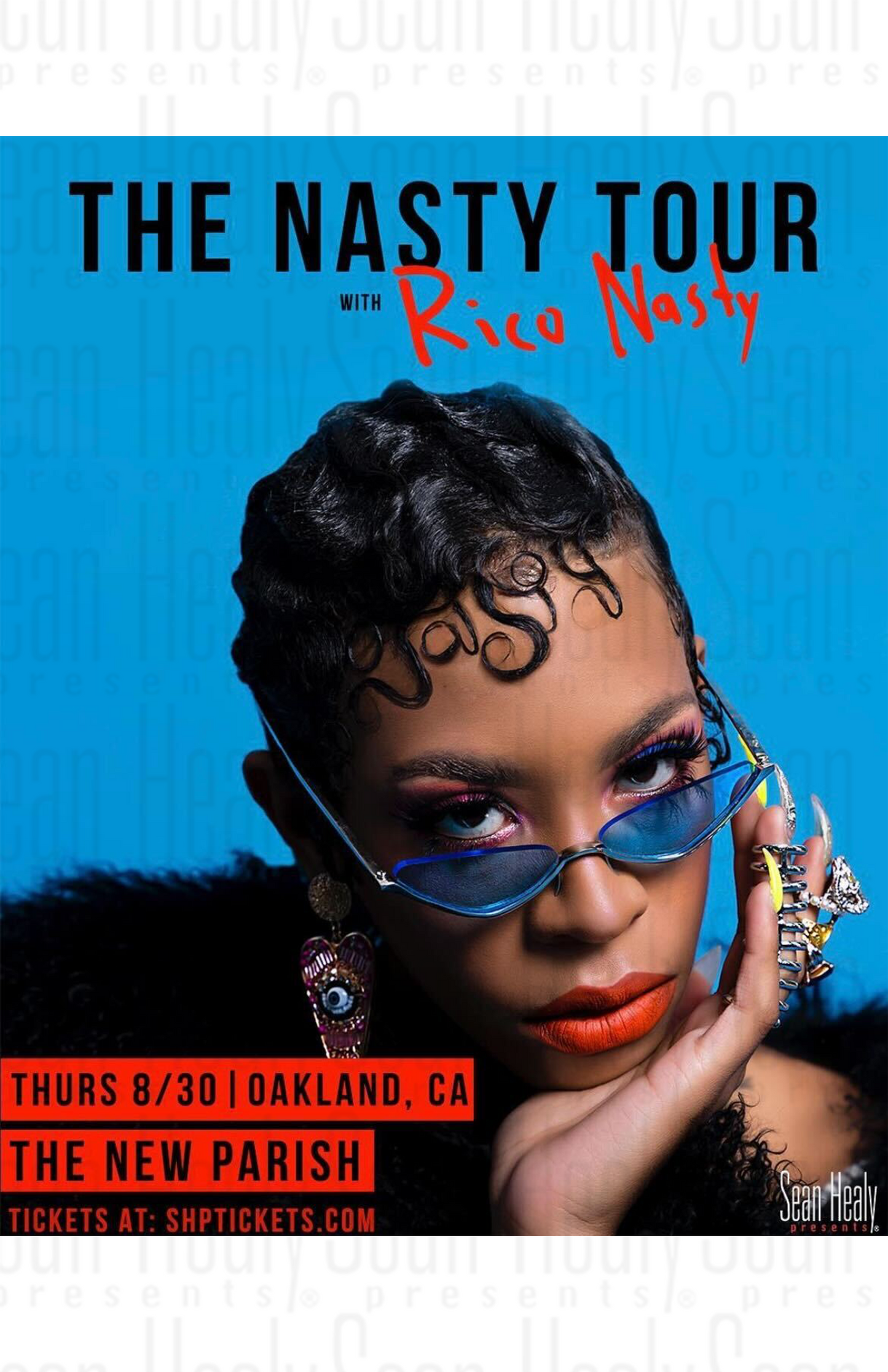 Promotional poster for 'The Nasty Tour with Rico Nasty' featuring a woman with sunglasses against a blue background.