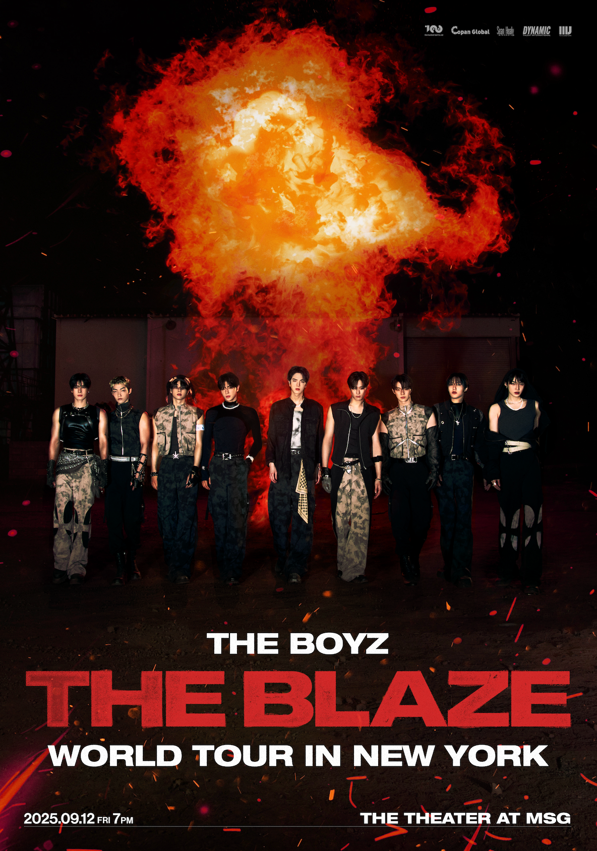 Promotional poster for 'The Blaze' world tour by The Boyz with a fiery background.