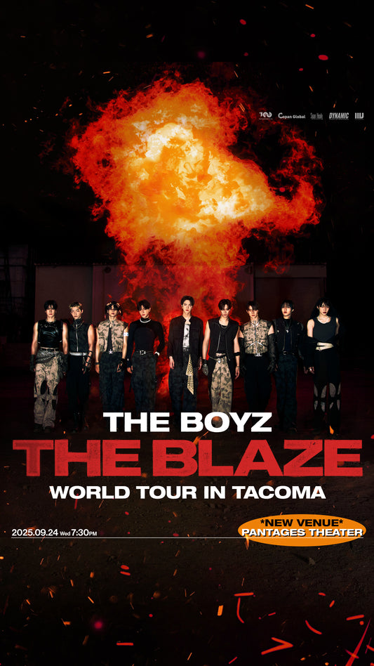 Promotional poster for 'The Boyz' concert tour with a fiery design.