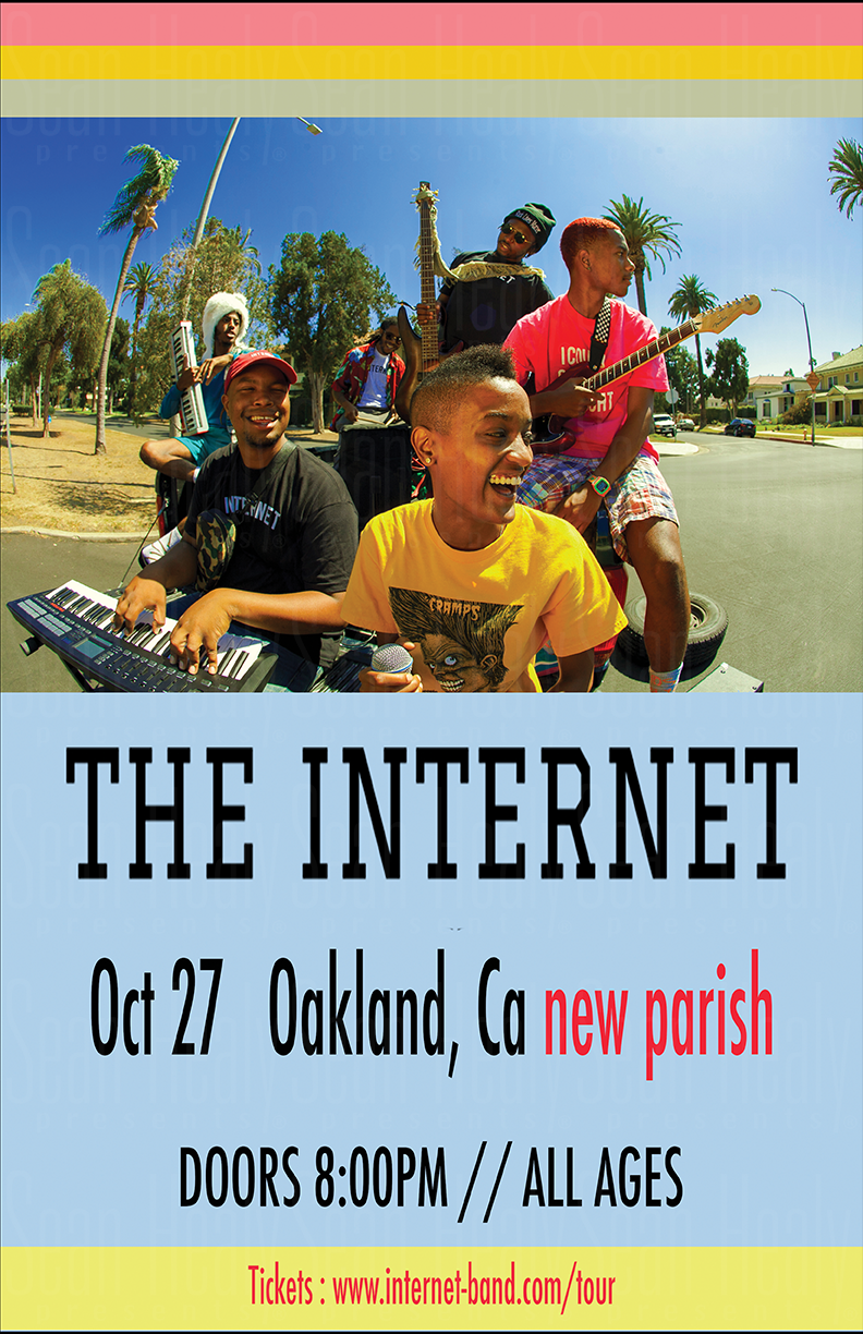 Promotional poster for a music event featuring 'The Internet' with a band performing outdoors.