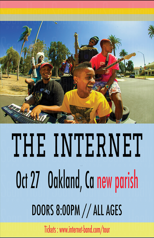 Promotional poster for a music event featuring 'The Internet' with a band performing outdoors.