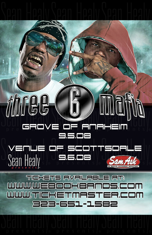 Promotional poster for Three 6 Mafia concert at Grove of Anaheim with two individuals in hoodies.