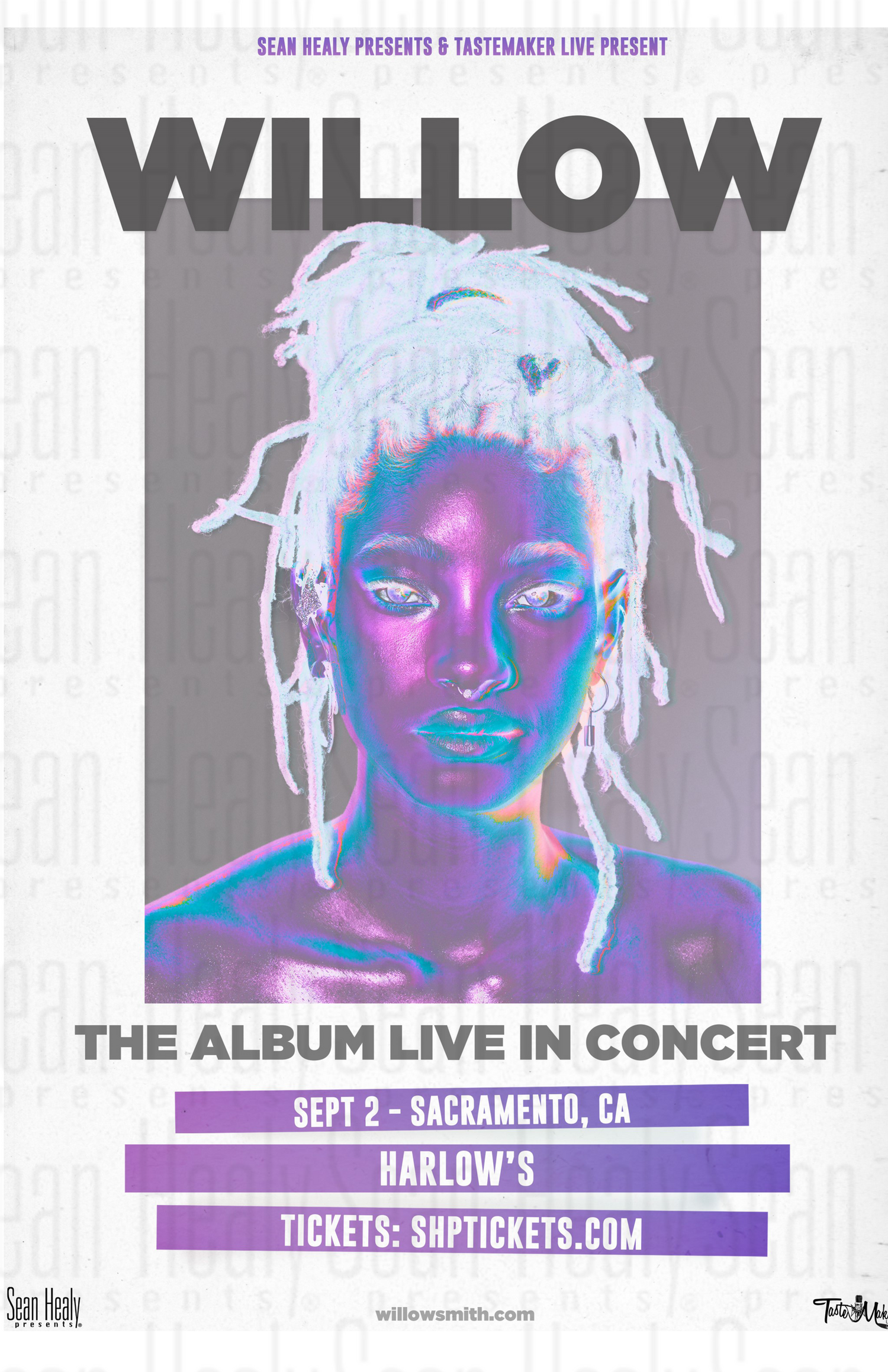 Promotional poster for 'Willow' album live concert featuring a stylized portrait of a person with white hair.