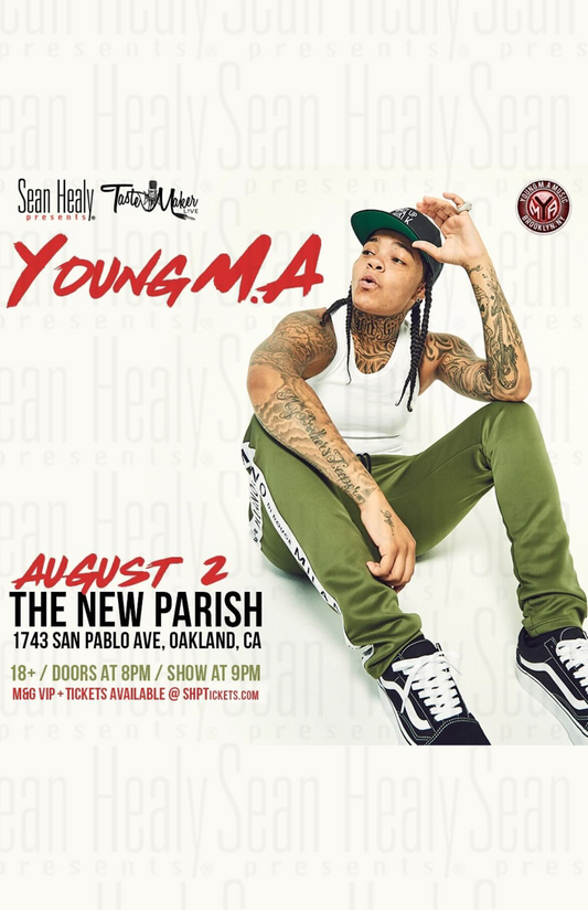 Promotional poster for Young M.A's event at The New Parish with text details.