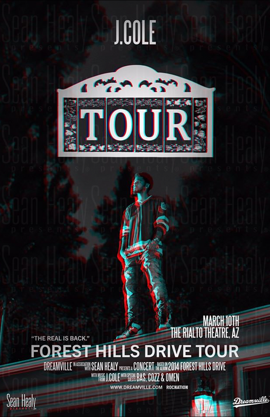 Promotional poster for J. Cole's 'Forest Hills Drive' tour with a silhouette of a person against a dark background.