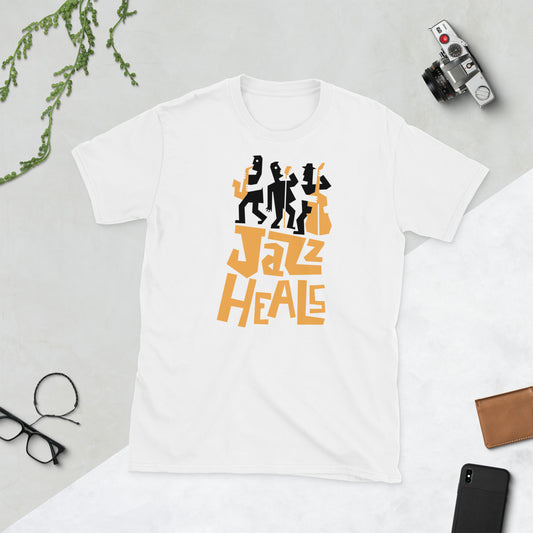 Jazz Heals unisex white graphic t-shirt – jazz music streetwear tee