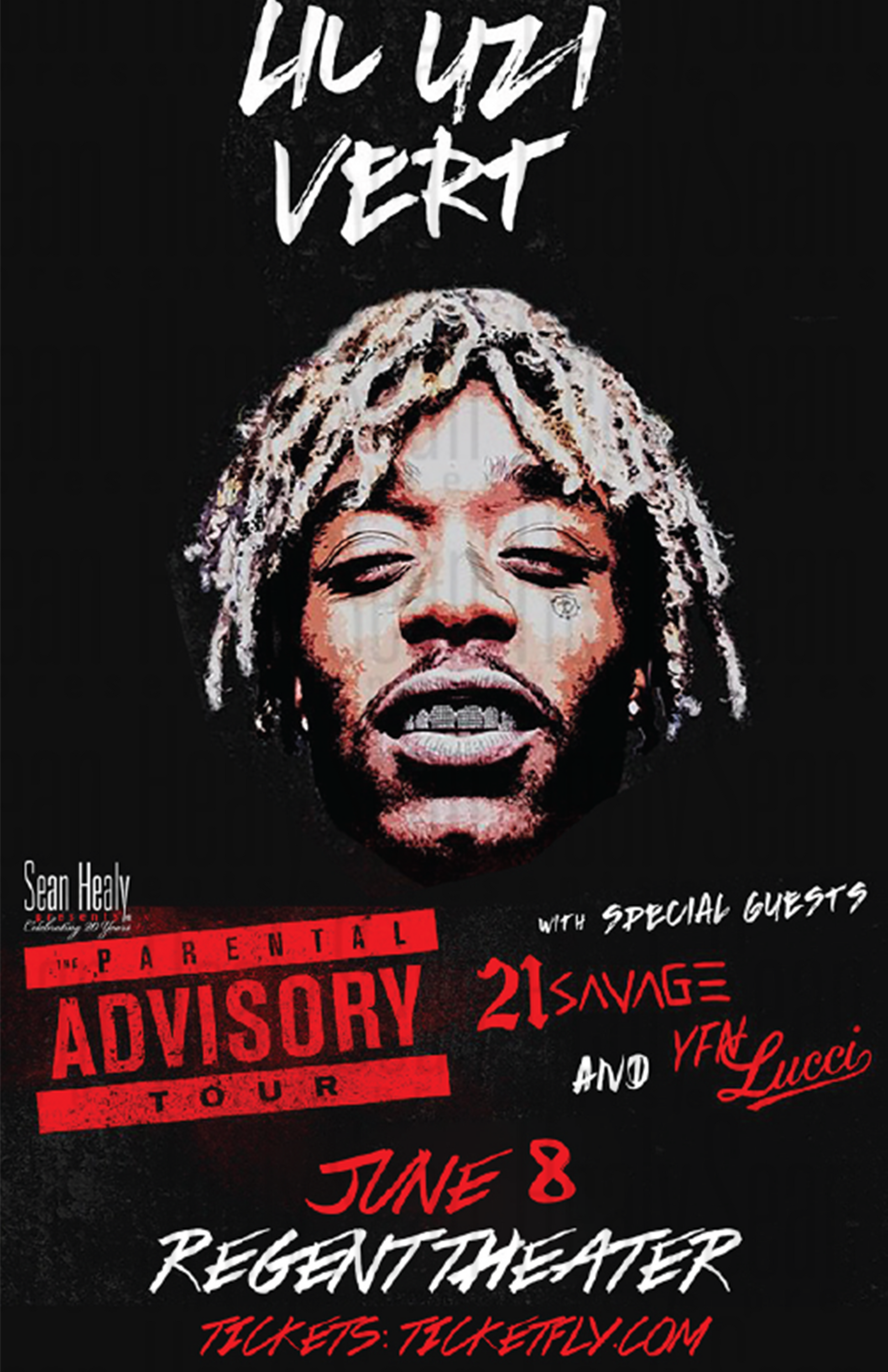 Promotional poster for Lil Uzi Vert's tour featuring Sean Healy, 21 Savage, and YN Lucci.