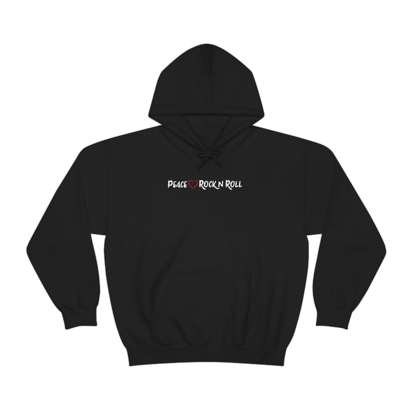 Black unisex sweatshirt with 'PEACE ROCK N ROLL' text in red and white on the front.