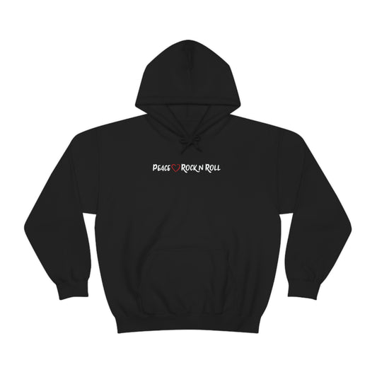 Black unisex sweatshirt with 'PEACE ROCK N ROLL' text in red and white on the front.