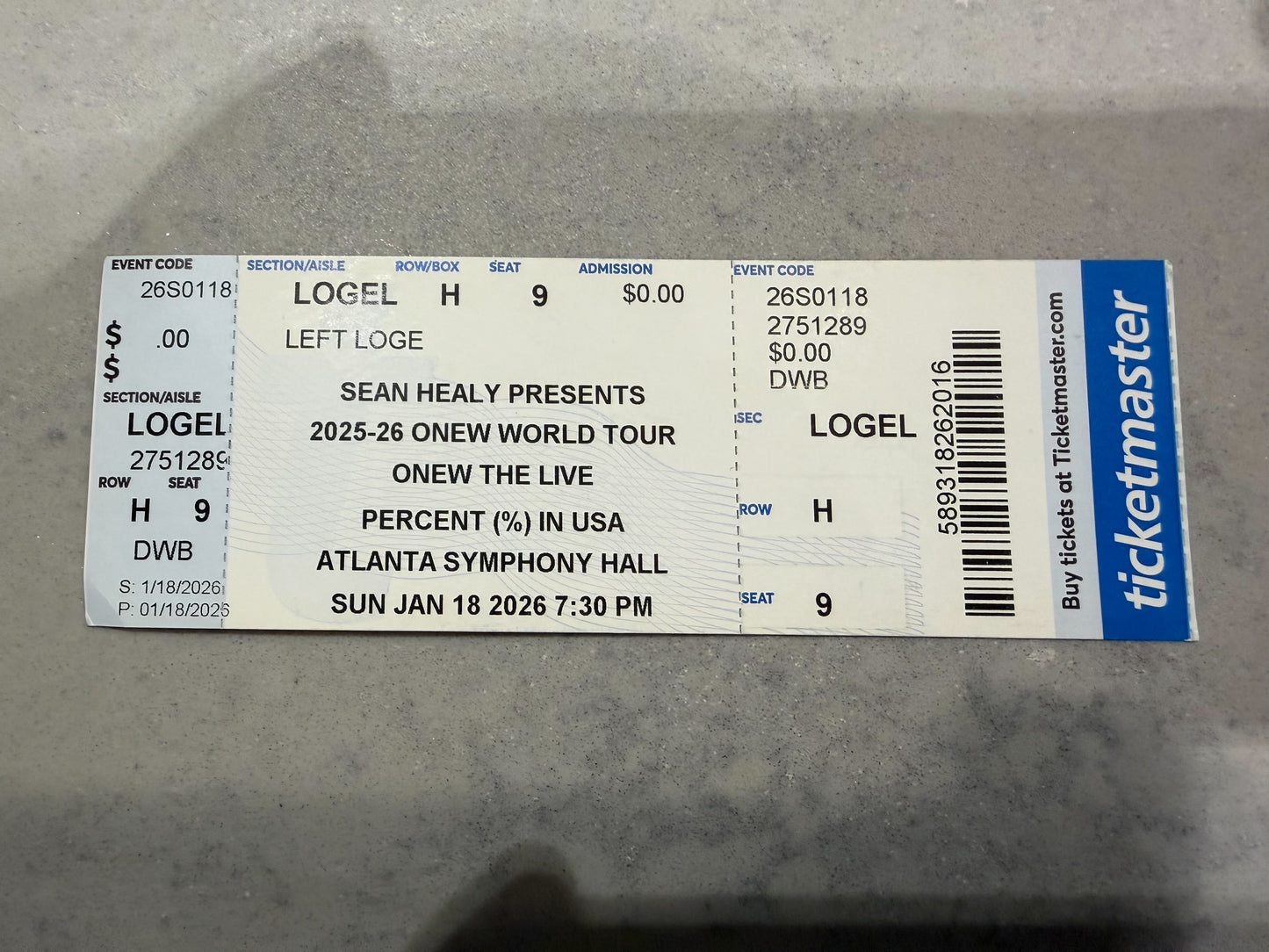 ONEW at Atlanta Symphony Hall in Atlanta - Original Concert Ticket Stubs  (Jan. 18, 2026)