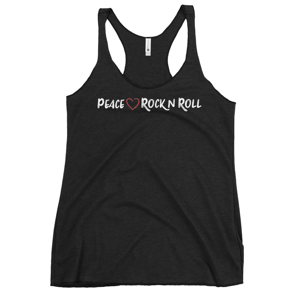 Women's black tank top with the text 'PEACE ❤️ ROCK N ROLL' printed on the front.