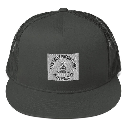 A charcoal grey snapback hat with a flat visor, featuring an embroidered logo on the front, mesh back panel, and a plastic snap closure.