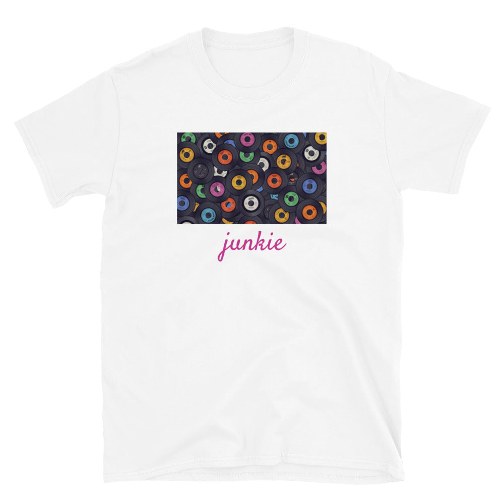 Record Junkie unisex graphic t-shirt – vinyl music lover tee