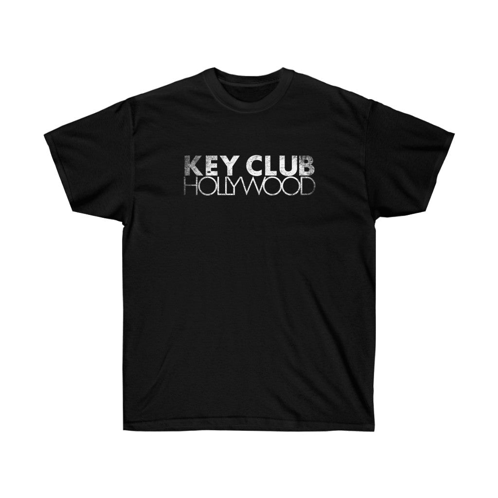 Black t-shirt with the text 'KEY CLUB HOLLYWOOD' and 'SHP' on the front and back, respectively, with a distressed design.