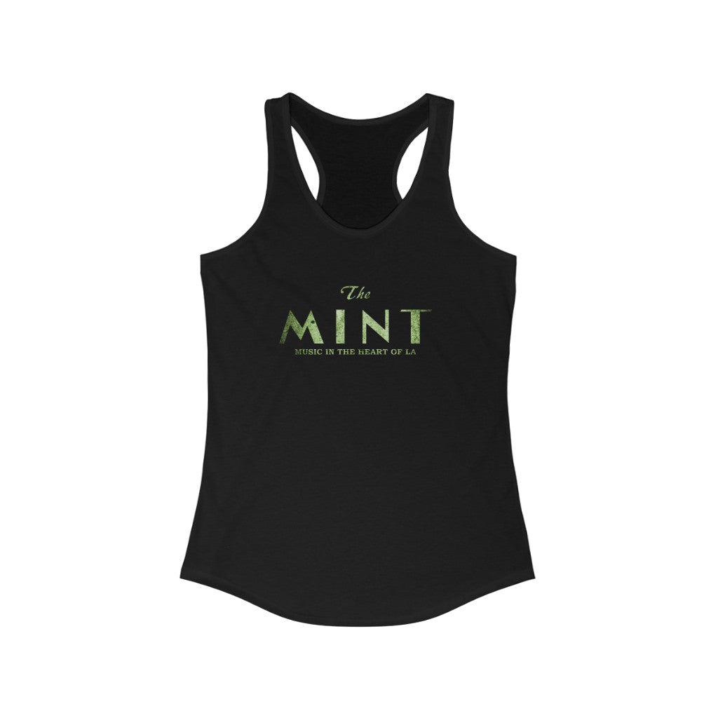 Black tank top with distressed logos of The Mint and SHP on the front and back, respectively.