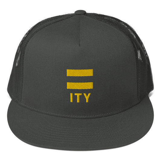 A black mesh snapback hat with the text '= ity' embroidered in yellow on the front panel.