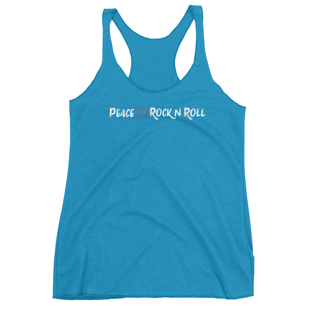 A blue women's tank top with the text 'PEACE LOVE ROCK N ROLL' printed on the front.