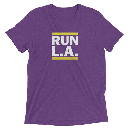 A purple t-shirt with the text 'Run LA' and the LA Lakers logo in yellow.