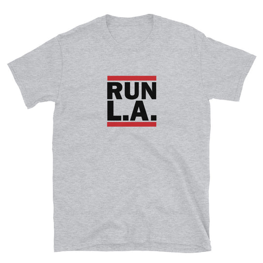 A grey t-shirt with the text 'RUN LA' printed in black on the front.