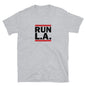 A grey t-shirt with the text 'RUN LA' printed in black on the front.