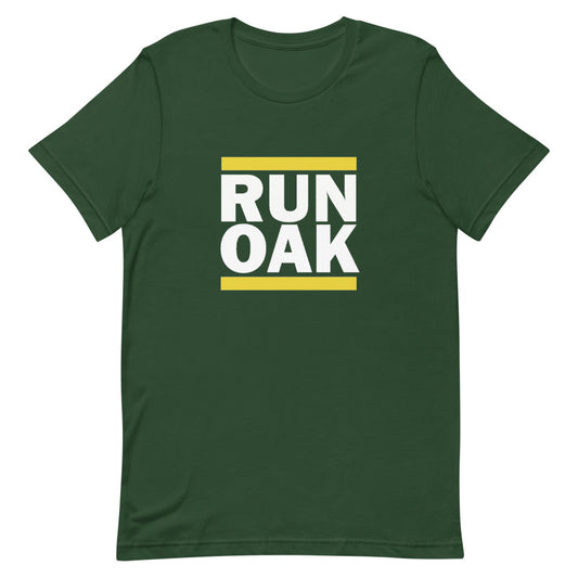 A green t-shirt with the text 'RUN OAK' printed in yellow on the front.